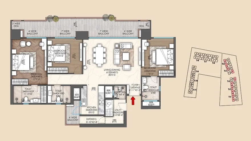 Signature Global Sarvam — Developer floor plan — 3 BHK + 3T + Utility (Type 1)